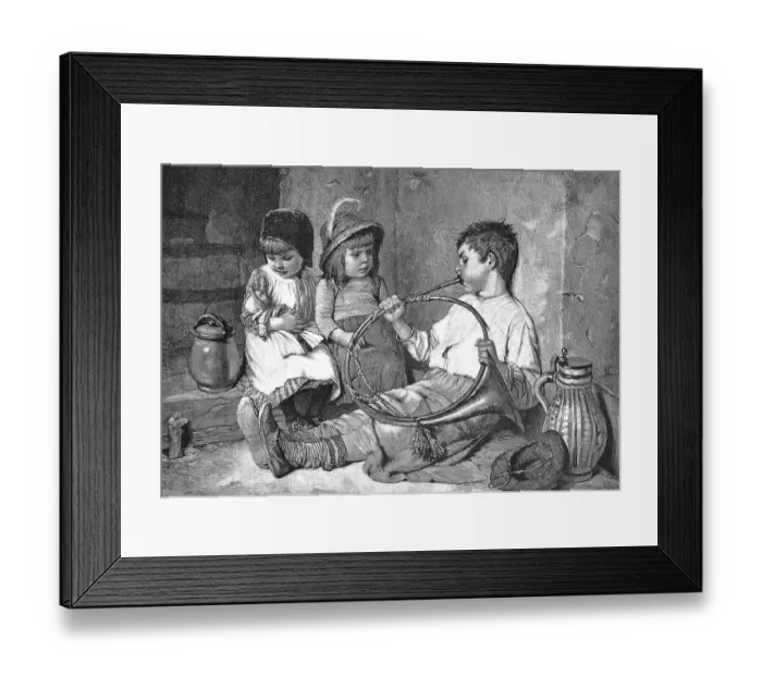 Framed Print : Two children watching a boy playing a horn