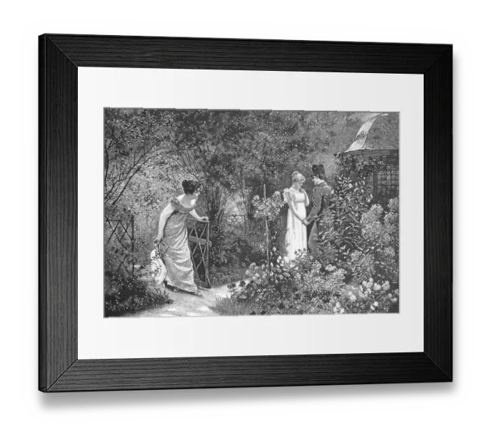 Framed Print : Young lovers are surprised by a curious woman in the garden Framed Print : Young lovers are surprised by a curious woman in the garden