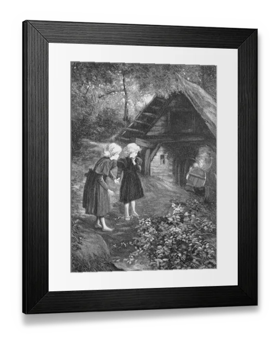 Framed Print : The witch lives here, two girls stand in front of a small forest hut