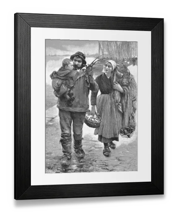 Framed Print : The return of the father, the fisherman is back from his tour and shows his child a crayfish
