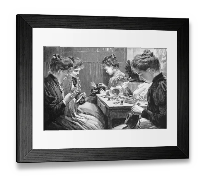 Framed Print : Four young woman sewing at a table