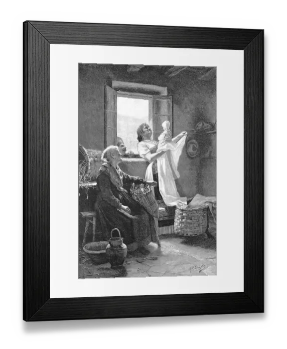 Framed Print : The first-born, mother proudly holding up the baby