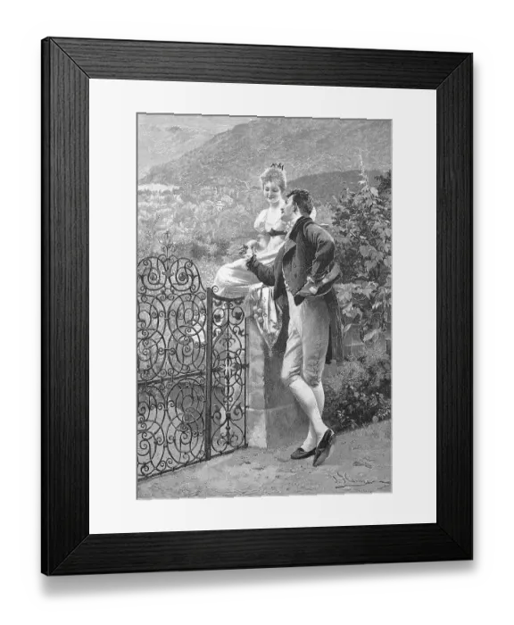 Framed Print : Man and woman flirting at a garden gate in summer Framed Print : Man and woman flirting at a garden gate in summer