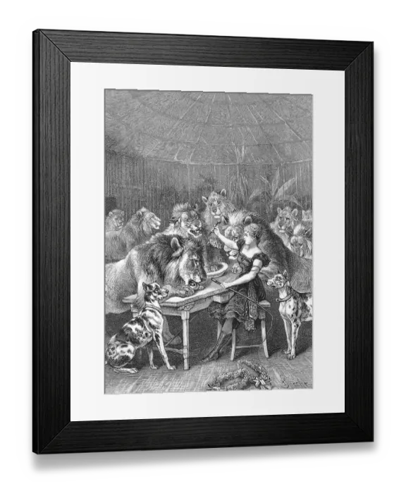 Framed Print : Circus tamer with lions and dogs in a cage