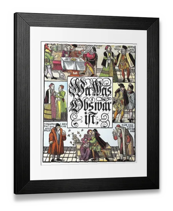 Framed Print : Who knows if it is true, Satirical woodcut by an anonymous Augsburg master on the love oaths of men