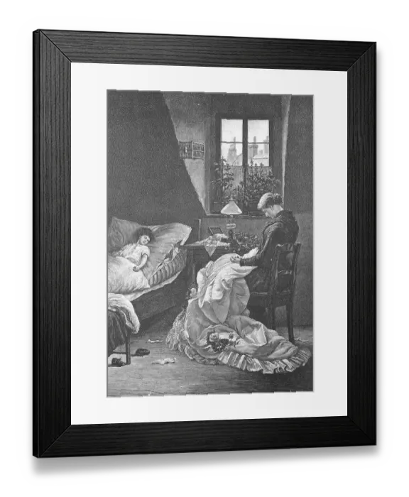 Framed Print : Mother keeping watch at the bedside of a sick child and sewing a dress Framed Print : Mother keeping watch at the bedside of a sick child and sewing a dress