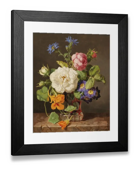 Framed Print : Classical still life of a colourful bouquet of flowers with white and red roses Framed Print : Classical still life of a colourful bouquet of flowers with white and red roses