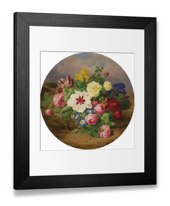 Framed Print : A lush bouquet of roses, tulips and daffodils on a sandy ground