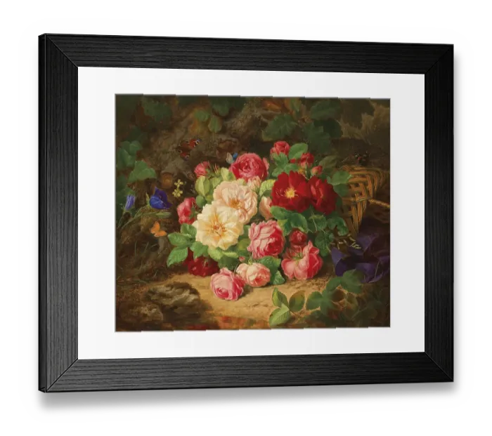 Framed Print : A forest floor with a still life of roses and butterflies Framed Print : A forest floor with a still life of roses and butterflies