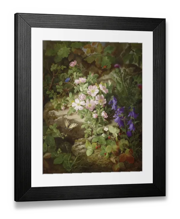 Framed Print : Large still life with alpine flowers and butterflies