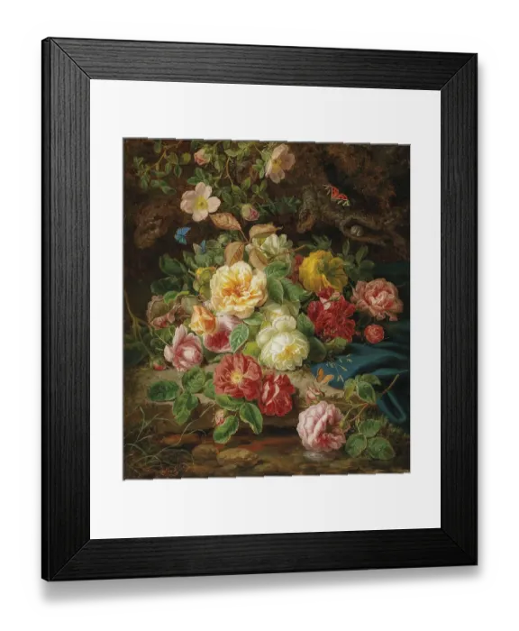 Framed Print : Piece of roses with butterflies by a forest stream Framed Print : Piece of roses with butterflies by a forest stream