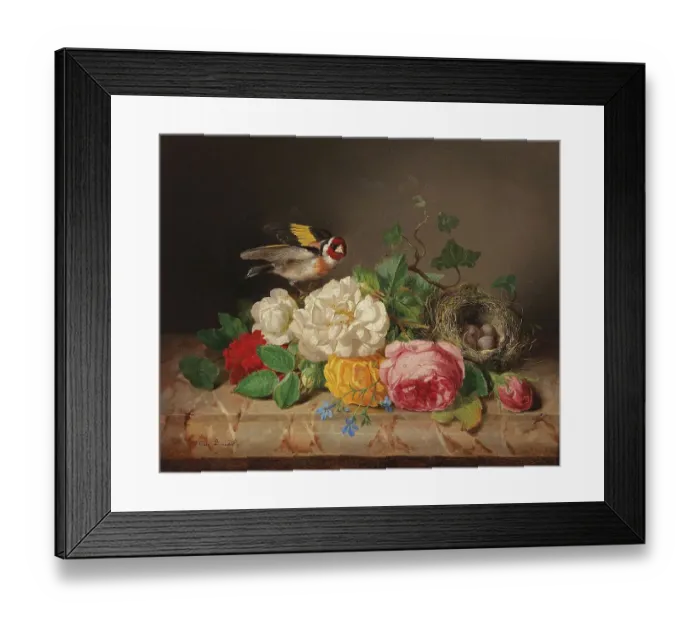 Framed Print : Rose petals with goldfinch and bird's nest