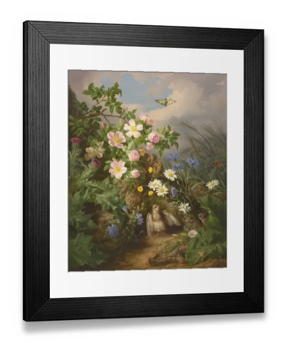 Framed Print : Still life with flowers and bird