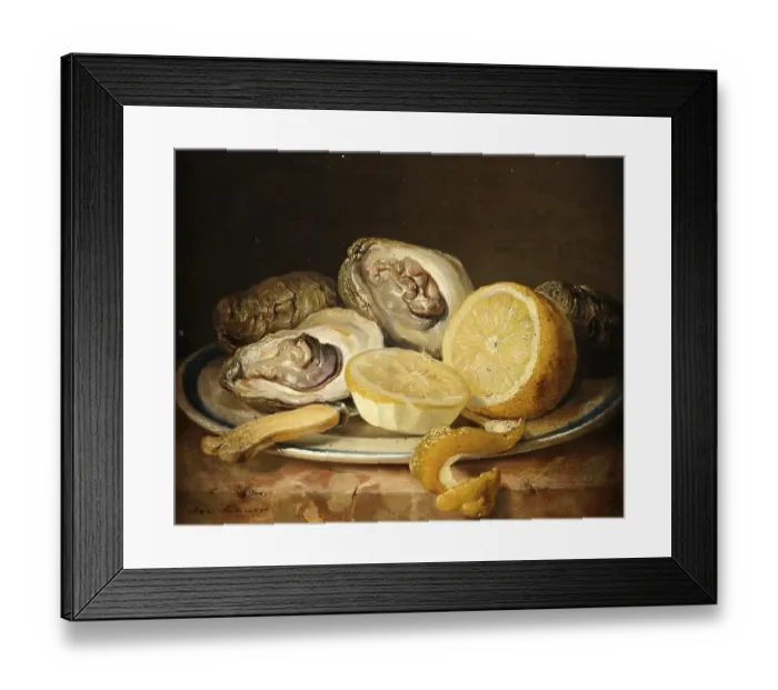 Framed Print : Still life with opened oysters and lemon slices on a plate with a knife Framed Print : Still life with opened oysters and lemon slices on a plate with a knife