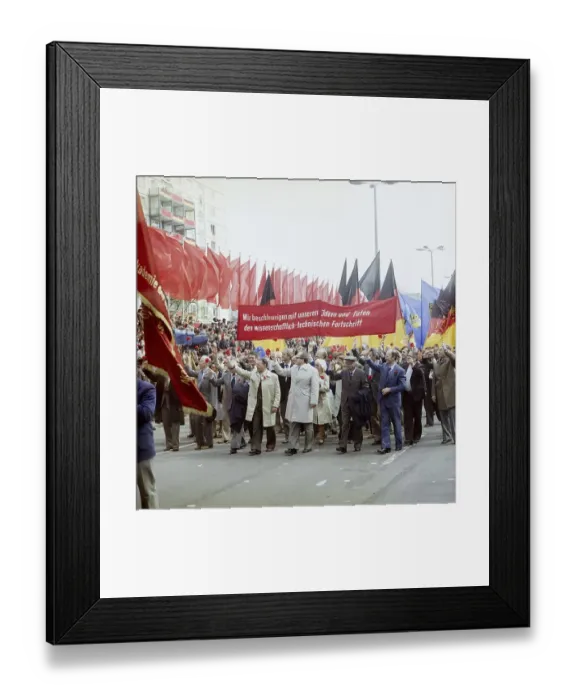 Framed Print : East Berlin, 01.05.1980, Karl-Marx-Allee, march past of workers from Berlin factories with banners at the tribune during the demonstration on 1 May East Berlin, GDR GDR Framed Print : East Berlin, 01.05.1980, Karl-Marx-Allee, march past of workers from Berlin factories with banners at the tribune during the demonstration on 1 May East Berlin, GDR GDR