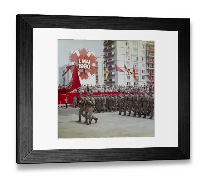 Framed Print : East Berlin, 01.05.1980, Karl-Marx-Allee, march past by members of the combat groups of the GDR, at the tribune at the demonstration on 1 May East Berlin, GDR GDR Framed Print : East Berlin, 01.05.1980, Karl-Marx-Allee, march past by members of the combat groups of the GDR, at the tribune at the demonstration on 1 May East Berlin, GDR GDR