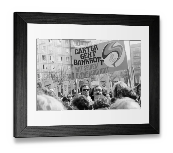 Framed Print : East Berlin, 01.05.1980, Karl-Marx-Allee, Berliners march past the grandstand at the May Day demonstration, the banner refers to the Western states boycott of the 1980 Olympics in Moscow East Berlin, GDR GDR