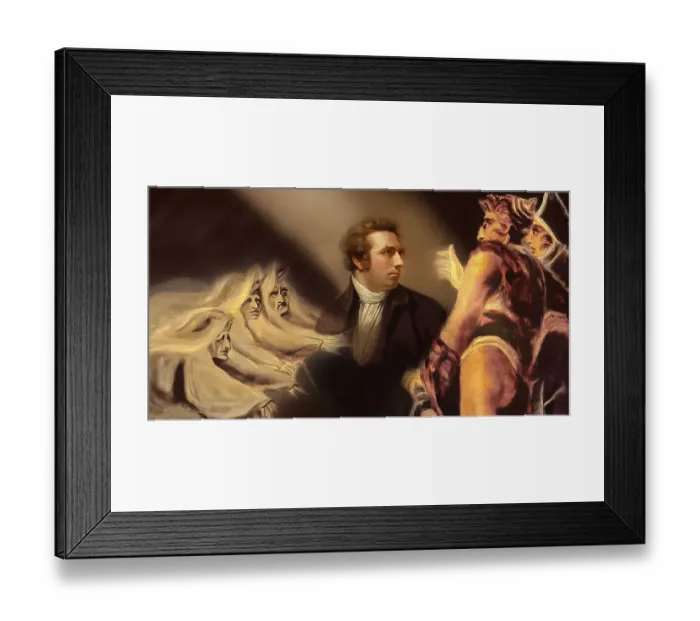 Framed Print : Henry Fuseli or Johann Heinrich Fuessli, 1741 - 1825, Swiss painter, draughtsman and writer, digitally edited after Northcote, 1778, Prophecy from the witches, scene from The Tragedy of Macbeth by William Shakespeare