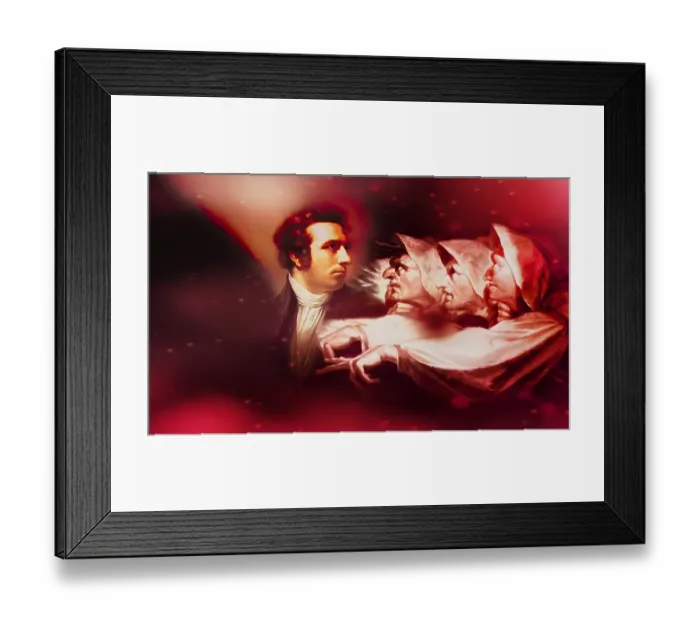 Framed Print : Henry Fuseli or Johann Heinrich Fuessli, 1741 - 1825, Swiss painter, draughtsman and writer, digitally edited after Northcote, 1778, Prophecy from the witches, scene from The Tragedy of Macbeth by William Shakespeare