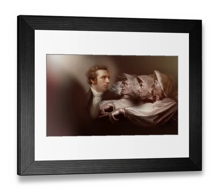 Framed Print : Henry Fuseli or Johann Heinrich Fuessli, 1741 - 1825, Swiss painter, draughtsman and writer, digitally edited after Northcote, 1778, Prophecy from the witches, scene from The Tragedy of Macbeth by William Shakespeare