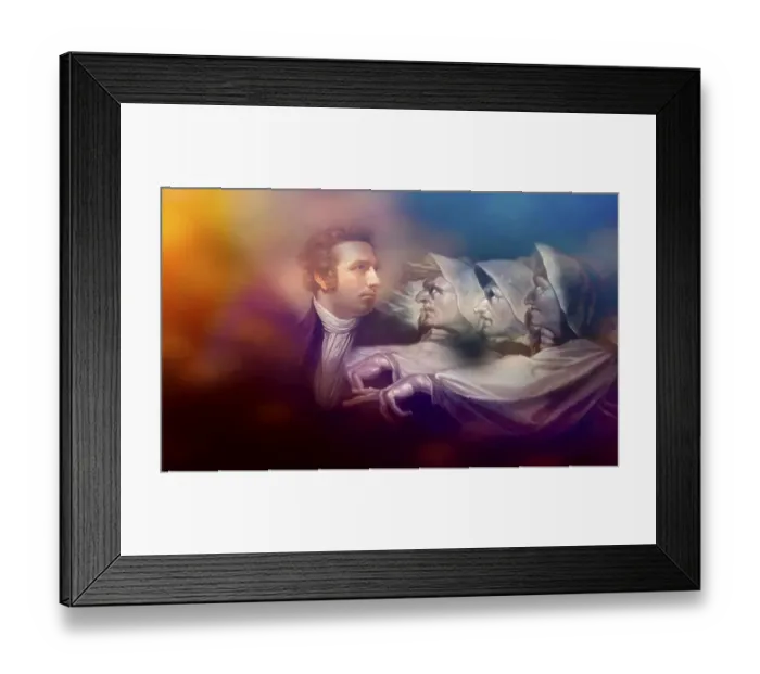 Framed Print : Henry Fuseli or Johann Heinrich Fuessli, 1741 - 1825, Swiss painter, draughtsman and writer, digitally edited after Northcote, 1778, Prophecy from the witches, scene from The Tragedy of Macbeth by William Shakespeare