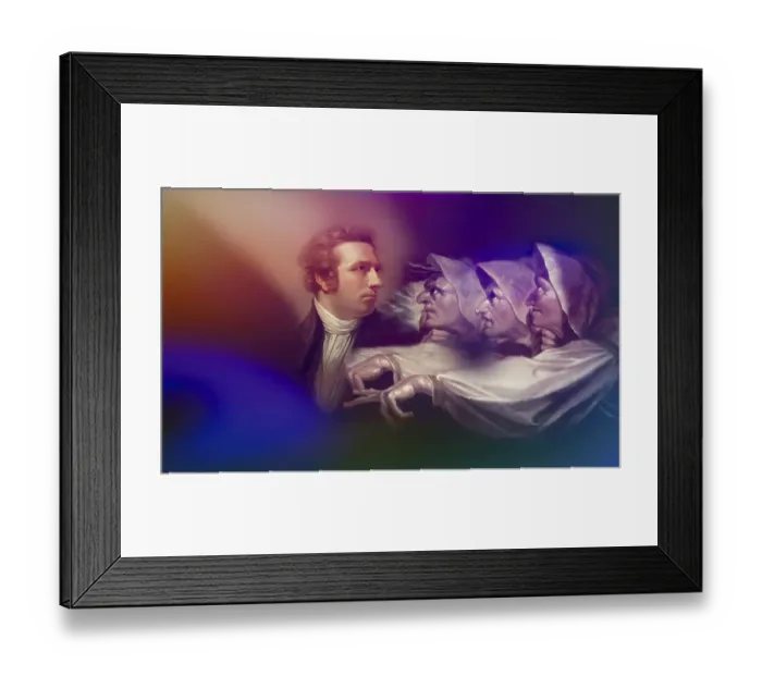 Framed Print : Henry Fuseli or Johann Heinrich Fuessli, 1741 - 1825, Swiss painter, draughtsman and writer, digitally edited after Northcote, 1778, Prophecy from the witches, scene from The Tragedy of Macbeth by William Shakespeare