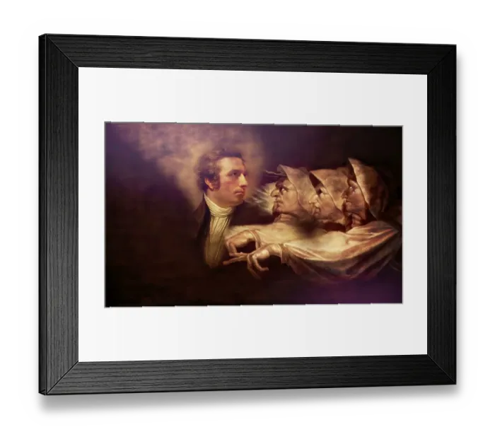 Framed Print : Henry Fuseli or Johann Heinrich Fuessli, 1741 - 1825, Swiss painter, draughtsman and writer, digitally edited after Northcote, 1778, Prophecy from the witches, scene from The Tragedy of Macbeth by William Shakespeare