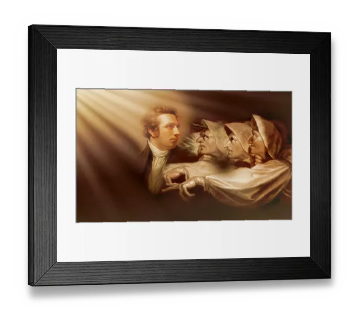 Framed Print : Henry Fuseli or Johann Heinrich Fuessli, 1741 - 1825, Swiss painter, draughtsman and writer, digitally edited after Northcote, 1778, Prophecy from the witches, scene from The Tragedy of Macbeth by William Shakespeare