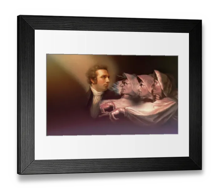 Framed Print : Henry Fuseli or Johann Heinrich Fuessli, 1741 - 1825, Swiss painter, draughtsman and writer, digitally edited after Northcote, 1778, Prophecy from the witches, scene from The Tragedy of Macbeth by William Shakespeare