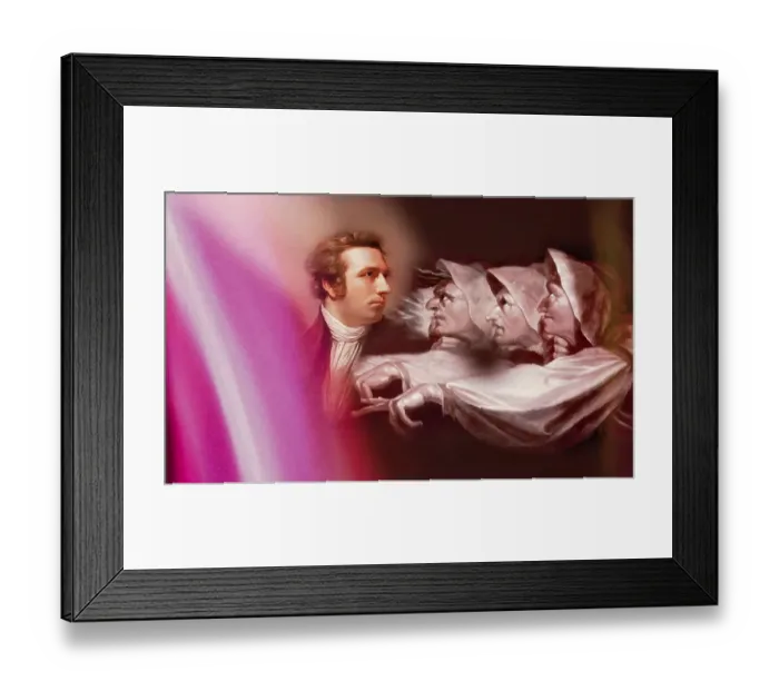 Framed Print : Henry Fuseli or Johann Heinrich Fuessli, 1741 - 1825, Swiss painter, draughtsman and writer, digitally edited after Northcote, 1778, Prophecy from the witches, scene from The Tragedy of Macbeth by William Shakespeare