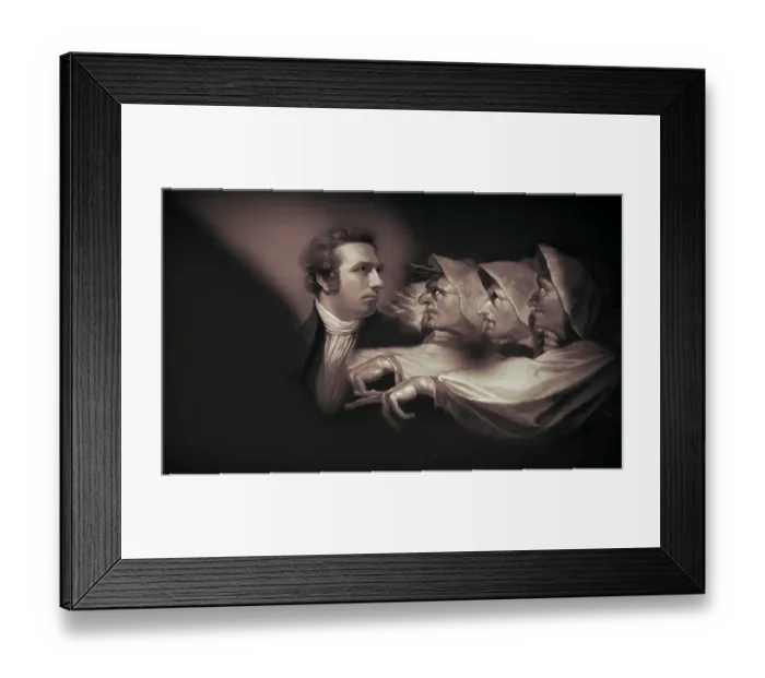 Framed Print : Henry Fuseli or Johann Heinrich Fuessli, 1741 - 1825, Swiss painter, draughtsman and writer, digitally edited after Northcote, 1778, Prophecy from the witches, scene from The Tragedy of Macbeth by William Shakespeare