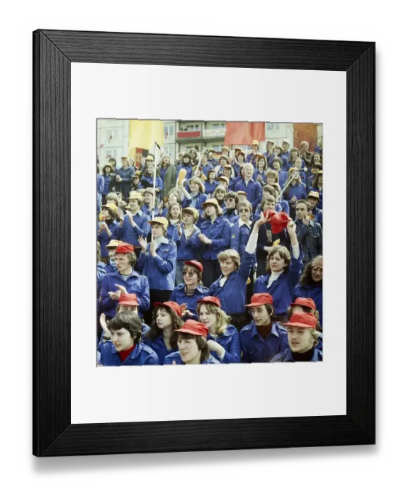 Framed Print : 1980050167, East Berlin, 01.05.1980, Karl-Marx-Allee, cheering young members of the Free German Youth on the counter grandstand opposite the grandstand of honour at the May Day demonstration in East Berlin, GDR GDR