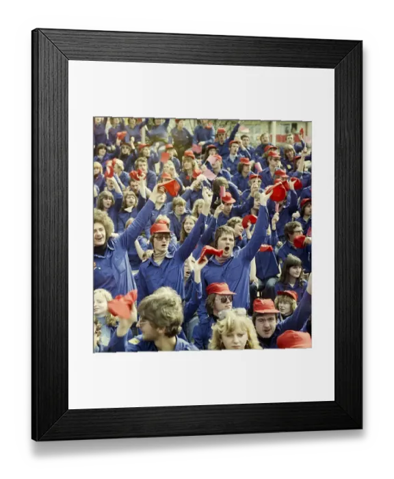 Framed Print : 1980050165, East Berlin, 01.05.1980, Karl-Marx-Allee, cheering young members of the Free German Youth on the counter grandstand opposite the grandstand of honour at the May Day demonstration in East Berlin, GDR GDR