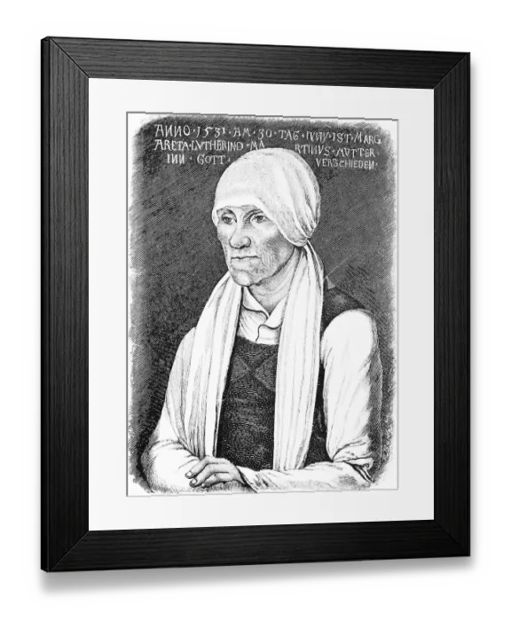 Framed Print : Portrait, Margarethe Luther (1459-1531) mother of Martin Luther in old age, headscarf, inscription, commemoration, historical illustration 1883
