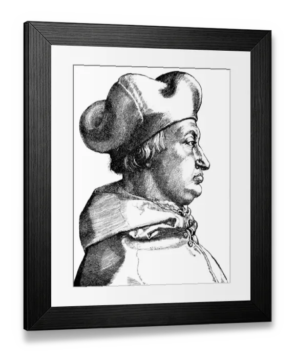 Framed Print : Portrait, Albrecht Archbishop of Brandenburg, after copperplate engraving by A. Duerer, opponent of Martin Luther, sale of indulgences, side view, historical illustration 1883 Framed Print : Portrait, Albrecht Archbishop of Brandenburg, after copperplate engraving by A. Duerer, opponent of Martin Luther, sale of indulgences, side view, historical illustration 1883