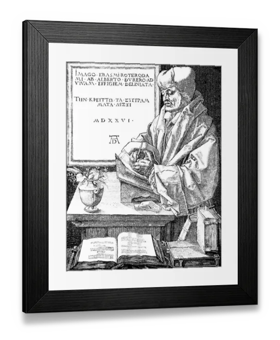 Framed Print : Erasmus of Rotterdam, after A. Duerer 1526, portrait, universal scholar, humanist, European humanism, author, editor of numerous writings, at the writing desk, books, literature, flower vase, writing, historical illustration 1883