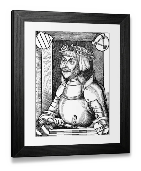 Framed Print : Portrait of Ulrich von Hutten (1488-1523) with ancestral coat of arms and knight's armour, after a woodcut, Franconian nobility, Steckelberg Castle, Schluechtern, historical illustration 1883 Framed Print : Portrait of Ulrich von Hutten (1488-1523) with ancestral coat of arms and knight's armour, after a woodcut, Franconian nobility, Steckelberg Castle, Schluechtern, historical illustration 1883