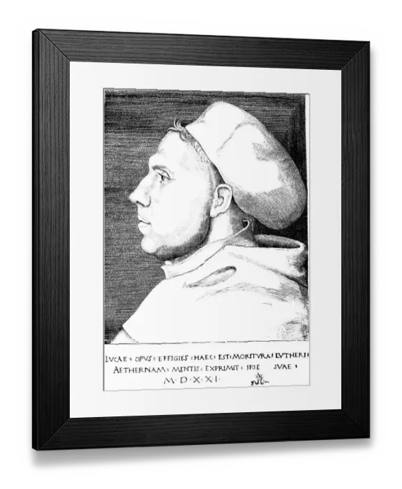 Framed Print : Martin Luther (1483-1546), after a copperplate engraving by Lucas Cranach 1521, portrait, reformer, Protestant, Wittenberg, Diet of Worms, historical illustration 1883 Framed Print : Martin Luther (1483-1546), after a copperplate engraving by Lucas Cranach 1521, portrait, reformer, Protestant, Wittenberg, Diet of Worms, historical illustration 1883