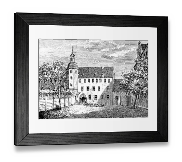Framed Print : The Luther House, former monastery in Wittenberg, a gift from the Elector to Luther, historical illustration 1883 Framed Print : The Luther House, former monastery in Wittenberg, a gift from the Elector to Luther, historical illustration 1883