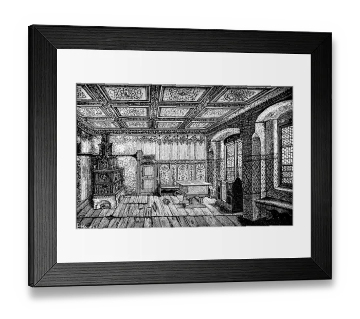 Framed Print : Luther Room in the Luther House, former monastery in Wittenberg, a gift from the Elector to Luther, tiled stove, wooden table, wooden floorboards, panelled ceiling, stained glass windows, historical illustration 1883 Framed Print : Luther Room in the Luther House, former monastery in Wittenberg, a gift from the Elector to Luther, tiled stove, wooden table, wooden floorboards, panelled ceiling, stained glass windows, historical illustration 1883