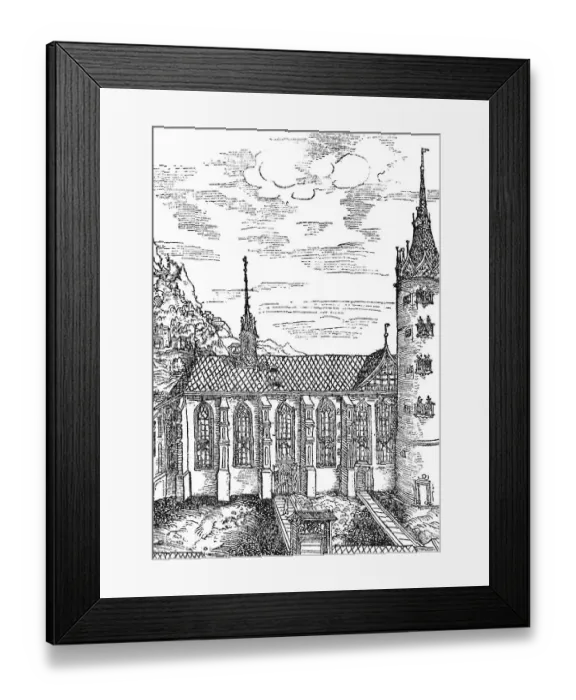 Framed Print : Castle church in Wittenberg, illustration from the Wittenberg sanctuary book of 1509, round tower, ridge turret, historical illustration 1883