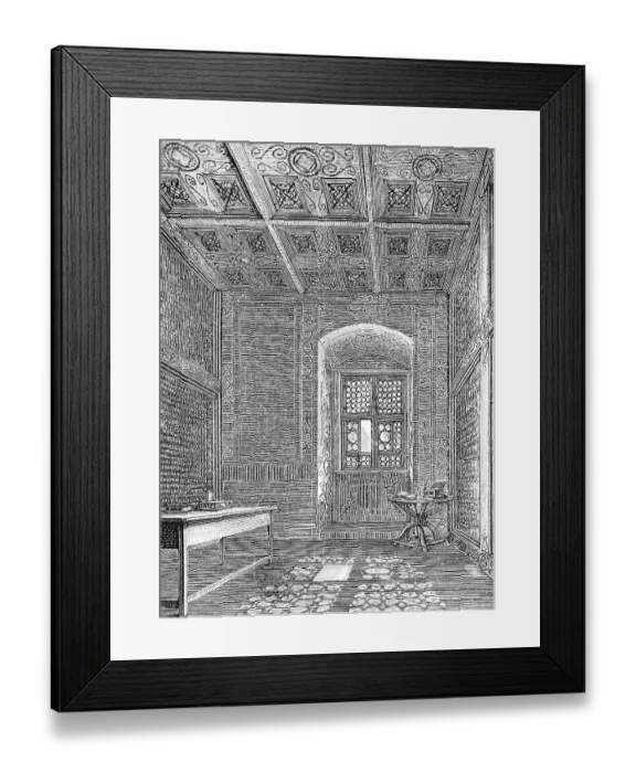 Framed Print : Martin Luther's monastery cell in the 13th century Augustinian monastery in Erfurt, Luther's time as a monk 1505-1511, interior, windows with stained glass, tables, decorated wooden ceiling, historical illustration 1883