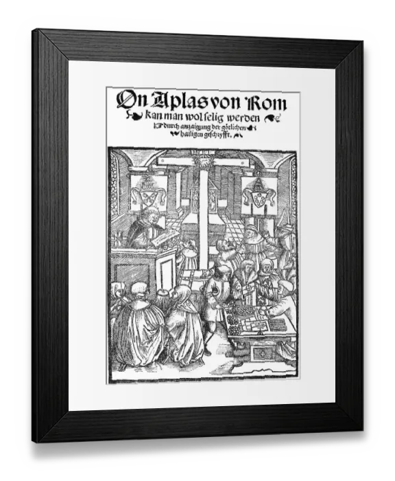 Framed Print : Facsimile, title page of a pamphlet from the early days of the Reformation, depiction of the trade in indulgences from Rome, interior of a church with altar, cross pulpit, many people, hustle and bustle, table full of coins, coat of arms Framed Print : Facsimile, title page of a pamphlet from the early days of the Reformation, depiction of the trade in indulgences from Rome, interior of a church with altar, cross pulpit, many people, hustle and bustle, table full of coins, coat of arms
