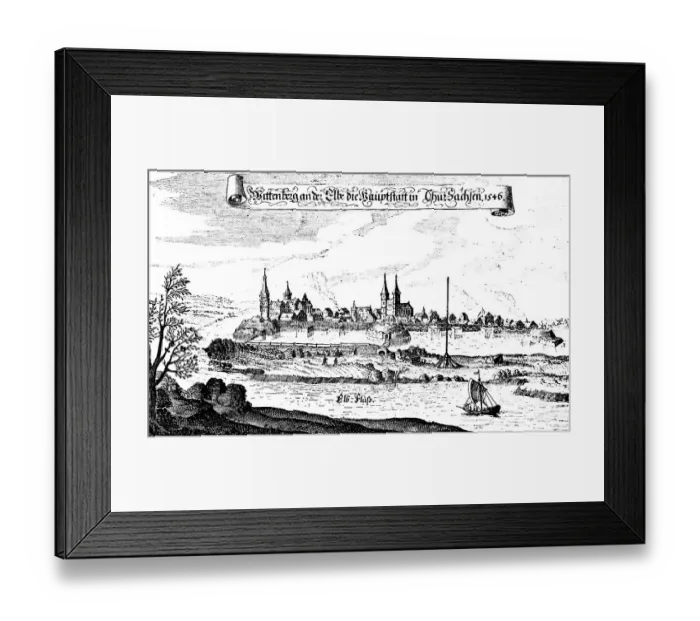 Framed Print : Copperplate engraving from 1546 of the town of Wittenberg on the Elbe, view of the capital of Saxony, fortress, town wall, sailing barge, churches, historical illustration 1883
