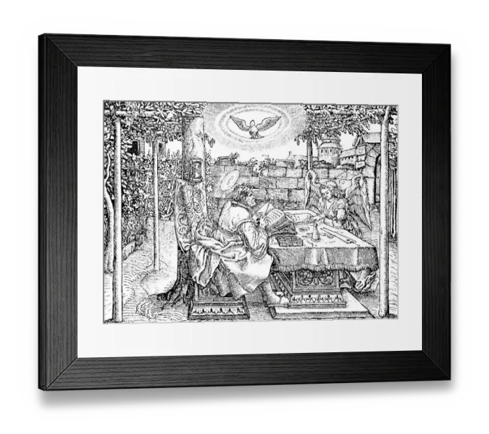 Framed Print : First illustration from Luther's 1534 translation of the New Testament, Evangelist with halo, magnificent garden, outdoors, table with tools, Bibles, angels, castle in the background, sunbeams, light, historical illustration 1883