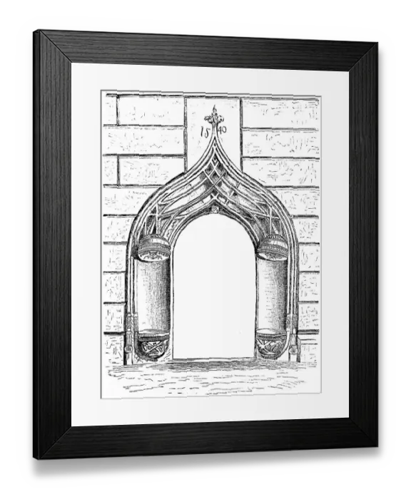 Framed Print : Door to the Luther House, former monastery in Wittenberg, a gift from the Elector to Luther, year 1540, ornamentation, historical illustration 1883 Framed Print : Door to the Luther House, former monastery in Wittenberg, a gift from the Elector to Luther, year 1540, ornamentation, historical illustration 1883