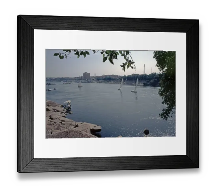Framed Print : View of the city from Elephantine Island, Aswan, Nile Valley, Egypt, September 1989, vintage, retro, old, historic, Africa
