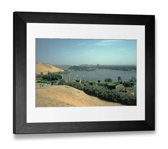 Framed Print : View from the Aga Khan Mausoleum onto the Nile, Kitchener Island, Elephantine Island, Aswan, Nile Valley, Egypt, September 1989, vintage, retro, old, historic, Africa Framed Print : View from the Aga Khan Mausoleum onto the Nile, Kitchener Island, Elephantine Island, Aswan, Nile Valley, Egypt, September 1989, vintage, retro, old, historic, Africa