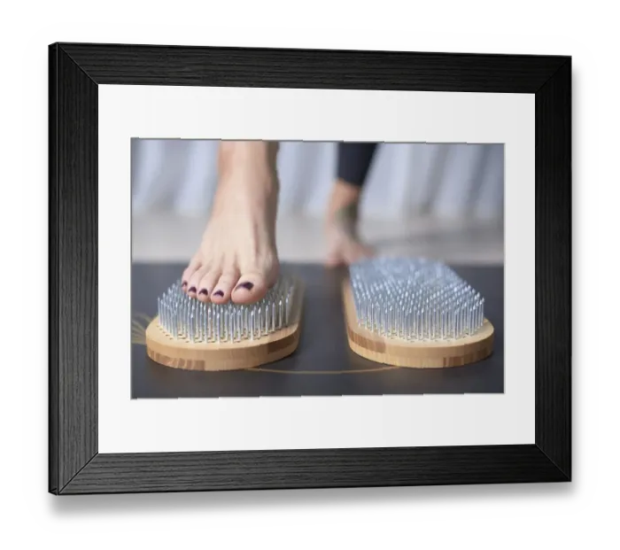 Framed Print : Image board of Sadhu and female legs. Yoga concept. Spiritual practices. Nailing