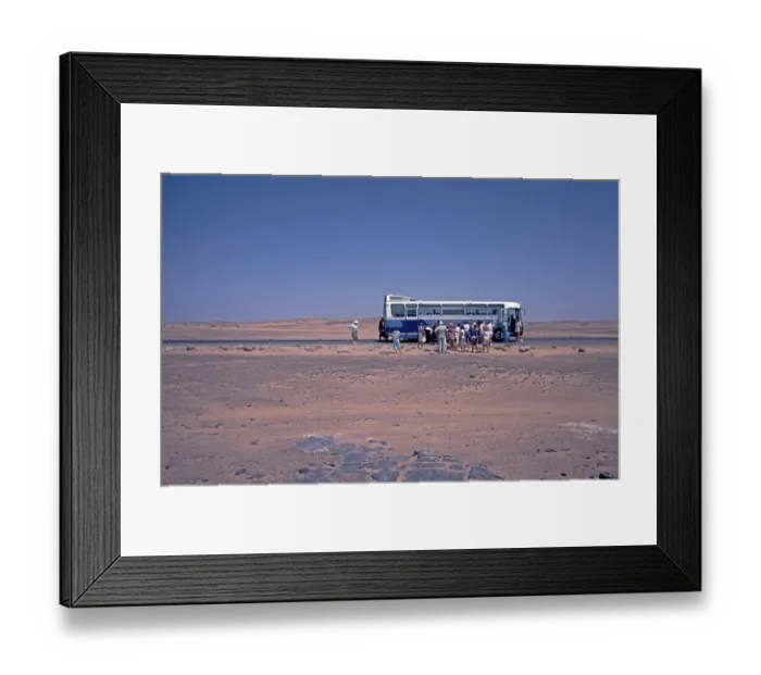 Framed Print : Coach breaks down in the desert between Abu Simbel and Aswan, Nile Valley, Egypt, September 1989, vintage, retro, old, historic, Africa